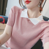 Ice silk short sleeve t-shirt female knitwear 2022 new summer thin section loose with slim half sleeve polo collar blouse