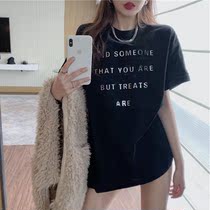 Pure cotton t-shirt women loose round neck pullover 3D three-dimensional letters in the long ins wild summer new 2021 fried street