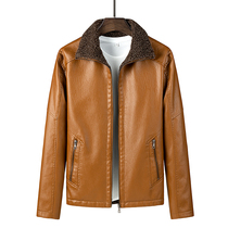 PU leather jacket mens fur collar casual fur one-piece coat Autumn and winter with velvet thickened leather men slim trend