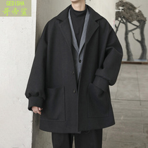 Trench coat mens long Korean version of the trend Joker loose woolen coat autumn couple short lapel woolen coat