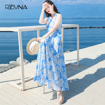 Rsemnia Thailand Sanya Beach Dress Fashion Super Fairy Blue Bohemian Long Dress Chiffon Floral Dress