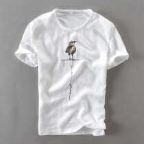 Linen short-sleeved T-shirt mens summer embroidery white thin section cotton and linen loose Chinese style mens round neck T-shirt tide brand