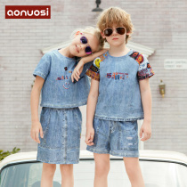 Ornos summer new men and womens children dress foreign style T-shirt cotton denim suit casual student outfit