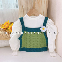 South Korean childrens clothing girl 22 spring dress small daisy harness vest fur coat foreign air girl cute bubble sleeve undershirt