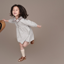 Hateeth Boy Clothing Spring New Products Children Girl Girl Plaid Cotton Linen Dress dress Long sleeves Peter Pan Red Side Retro Skirt