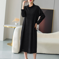 Black dress womens 2022 new fall semi-high neck light luxury sequin temperament long skirt loose belly skirt