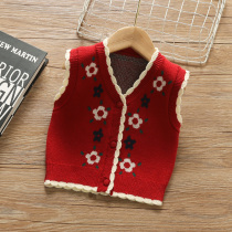2022 Spring new pint girls waistcoat child V collar knitted vest Korean version baby outside wearing sweatshirt waistcoat foreign air