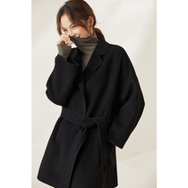 Black double-sided cashmere coat womens long model 2021 new high-end small man short light and thin woolen coat