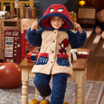 Childrens clip cotton pajamas boys winter coral velvet three layers thick Spider Man cartoon middle school boy home clothes