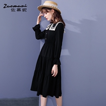 Samuni French-cinched black dress womens autumn 2022 new long sleeves temperament pleated mid-length 14771