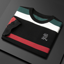 Knitted short-sleeved mens spring new trend contrast stripe embroidery loose thin section half-sleeved t-shirt base shirt new