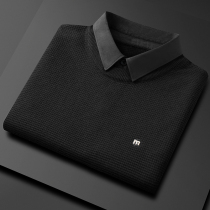 Fake two sweater mens tide new autumn and winter coat thick simple embroidery solid color fake collar lead base sweater