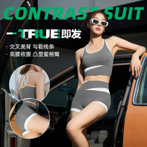 Sports suit female new yoga suit running fitness dry jacket large-code short sleeve two pieces of anti-walking three-pants