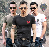 Embroidered flag wolf head short sleeve male Chinese slim V collar half sleeve military fans tactical Special Forces physical clothing T-shirt
