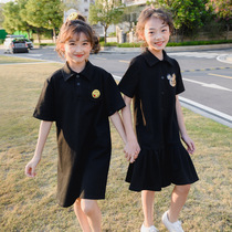 Korea SZ summer 2021 new black lapel knee straight sleeve Korean polo childrens dress girls dress