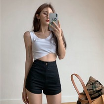High waist thin denim shorts womens summer new black pants tight stretch straight casual wide leg hot pants tide