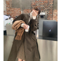 (13C) Burlington coat vintage warm coffee herringbone wool belt coat IN34