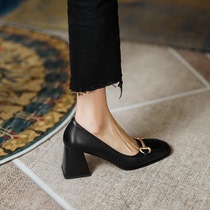 Givenivan unconditional self-retaining metal buckle thick heel single shoes women leather square head high heels thick heel 7cm