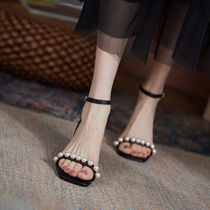 Givenivan self-contained eyes closed into ~ Fairy wind high-heeled sandals female summer pearl one-word with thick heel 4 7cm