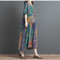 2021 Lace-up mid-length pendulum Korean womens clothing age version summer v loose large waist reduced collar Western style skirt printing