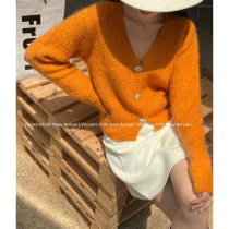 APM Korean version of chic autumn lazy wind rhinestone single-breasted V-neck mohair knitted sweater loose top female