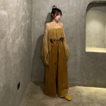  Retro velvet stitching design top wide-leg pants suit early autumn 2021 new fashionable thin Western style all-match