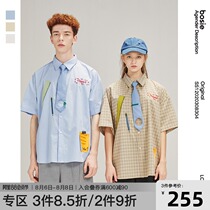 bosie summer new short-sleeved shirt mens couple stitching simple womens shirt trendy casual with tie student 08304