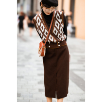 French vintage autumn winter Curry skirt wool high waist