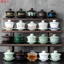 Single Three Cai Cup Tea Cup extra large ceramic tea bowl white porcelain kung fu tea set Dehua blue and white porcelain with lid