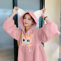 Pregnant women cute sweet skirt 2021 autumn and winter New Lantern sleeve cartoon applique Foreign plus size pregnant women dress