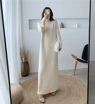 Super long high neck knitted dress women autumn and winter New thick loose inside solid color bottoming sweater skirt