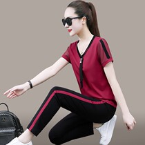 Western style short-sleeved fashion womens summer 2021 new suit age-reducing temperament casual sportswear loose ice silk two-piece set