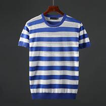 Hollow stripe sweater mens summer thin breathable short-sleeved fat plus size half-sleeve T-shirt trend line clothing men