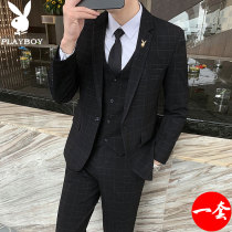 Playboy mens suit suit Korean version of slim groom wedding dress plaid three-piece casual professional wear
