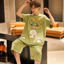 Mens pajamas summer pure cotton short-sleeved jumpsuit cartoon anti-light large size 200 pounds summer couple home clothes