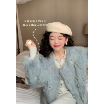 Xu Daqing French little fragrance temperament rabbit hair coat female winter small gold buckle round neck loose short hairy coat