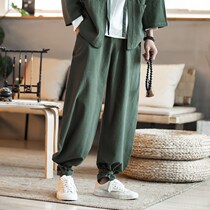 Summer tie-legged pants Chinese style mens loose wide leg pants large size elastic waist bloomers casual trousers