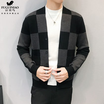Rich bird cardigan jacket mens spring and autumn new Korean version of the trend mens autumn top slim plaid knitted sweater