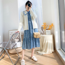 Pregnant women fashion set 2021 Autumn New knitted sweater cardigan long sleeve dress two-piece Net red tide mother