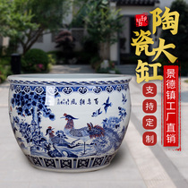 Jingdezhen hand-painted blue and white household king-size garden tree planting cylinder Lotus cylinder basin thickened fish tank Blue and white large cylinder