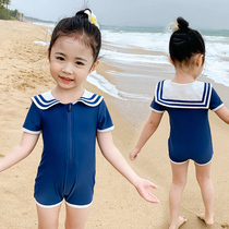 Childrens swimsuit Girls one-piece Navy style fashion small children baby bathing suit Middle and large children student beach swimsuit