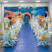 Blue-orange wedding floral stage background T-table decoration Diamond Road lead wedding site layout flower props