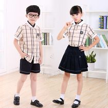 Nanning student school uniform Primary school summer short-sleeved uniform light yellow plaid shirt shorts skirt trousers class suit suit