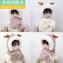 Childrens fluffy hat cute antlers winter plus velvet thickened baby one-piece hat boys and girls windproof hat around