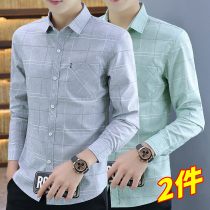 Spring and autumn fashion mens long sleeve shirt Plaid clothes Korean slim trend handsome casual mens shirt