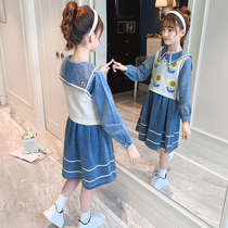 Girl Denim Dress Dress Spring Dress Foreign Air 2022 Han Edition CUHK Child Two Sets Skirt Mesh Red Children Spring Autumn Dresses