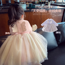 Girls winter dress 2021 new children Korean wings plus velvet puffy princess dress girl foreign style skirt