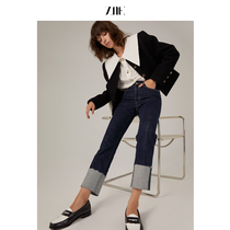 ZNEJeans retro high waist comfortable dark blue stretch slim flanging straight jeans women 1120