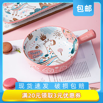 Japanese tableware ceramic instant noodle bowl home creative personality breakfast bowl single fruit salad bowl Net red handle Bowl