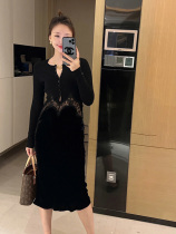 French chic unique sense of luxury celebrity light luxury black Hepburn style long sleeve velvet dress women autumn